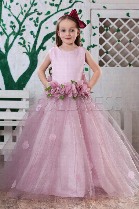 Attractive Ball Gown Ankle-lengthr Ound-neck Flowers Embellishing Flower Girl Dress