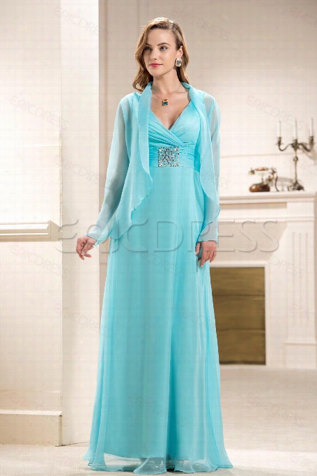 Magnetic Beaded A-line V- Neck Floor-legnth Empire Waistline Mother Of The Bride Dress With Jacket/shawl