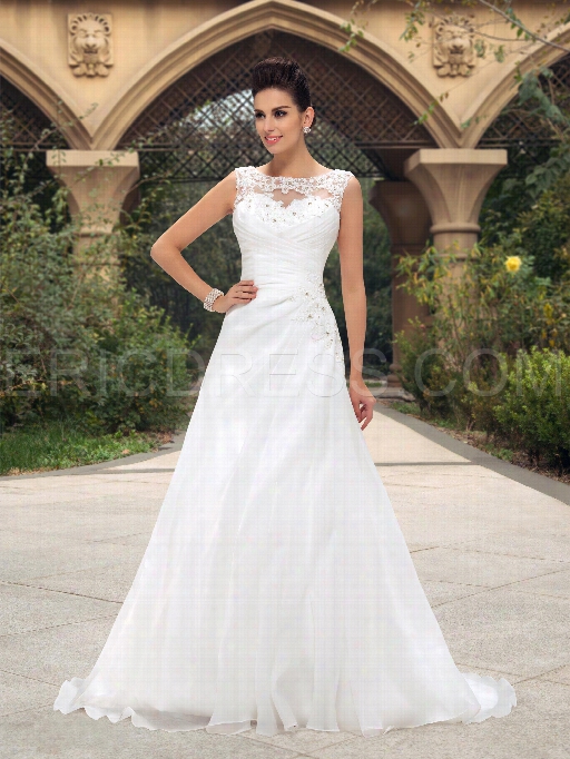 Beaded Lace Appliques Bateau Neck Ruched A-line Zip-up Wedd1ng Dress