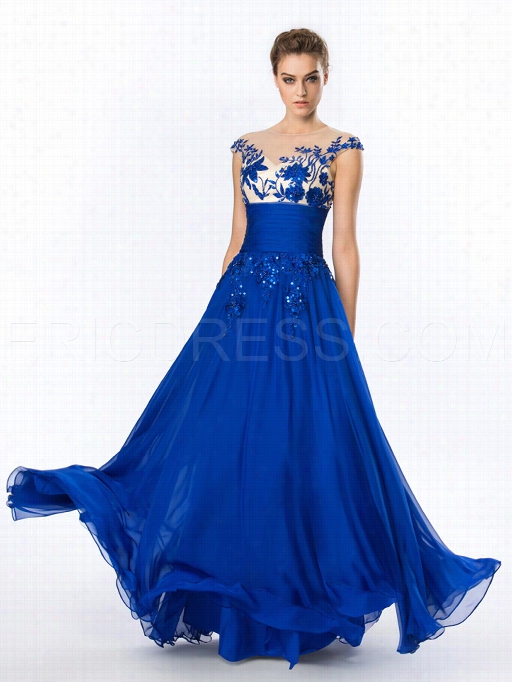 Charming A-line Appliques Floo-length With Constraint Evening/prom Dress