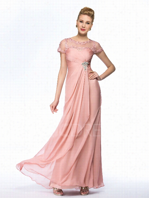 Charming A-line Empire Scoop Tulle Suort Sleeves Long Mother Of The Bride Dress