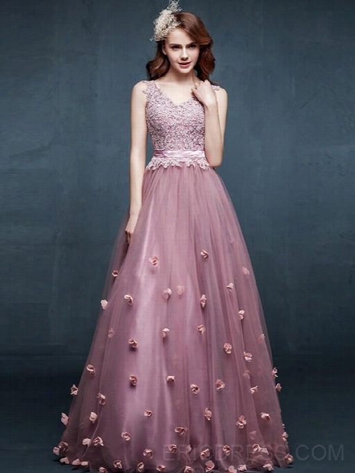 Charming A-line V-nek Appliques Flowers Floor-length Evening Dress