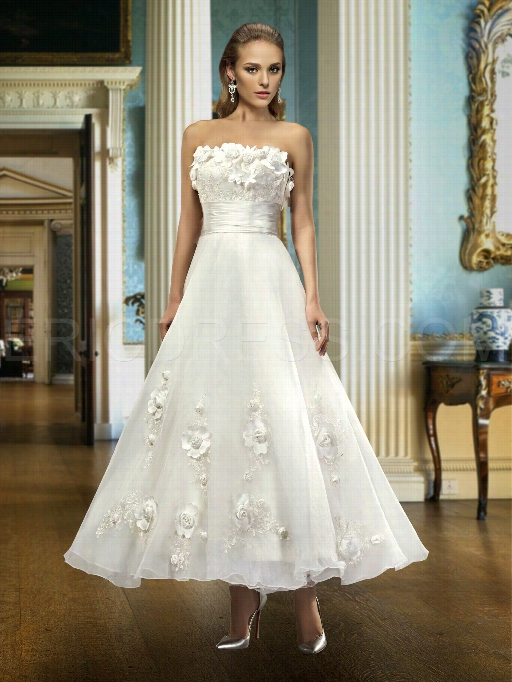 Classical A-line Strapless Flowers Ankle-length Charming Marriage Dress