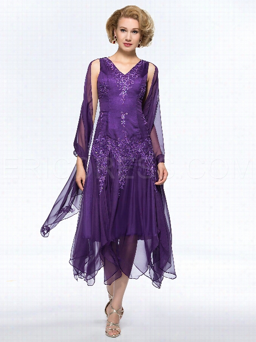 Classy A-line V-neck Appliques Asymmetry Mother Of The Bride Dress With Jacket/shawl