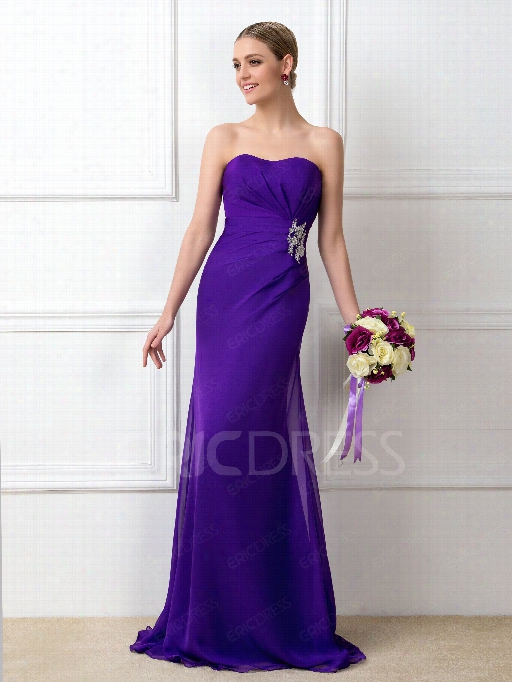 Concise A-line Strapless Ruched Crystal Floor-length Bridemsaid Dress