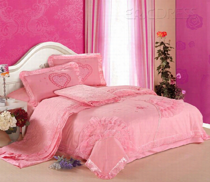 Cotton And Lace Manmade  Embroidery Best Part Pink Theme 4 Piece Bedding Set