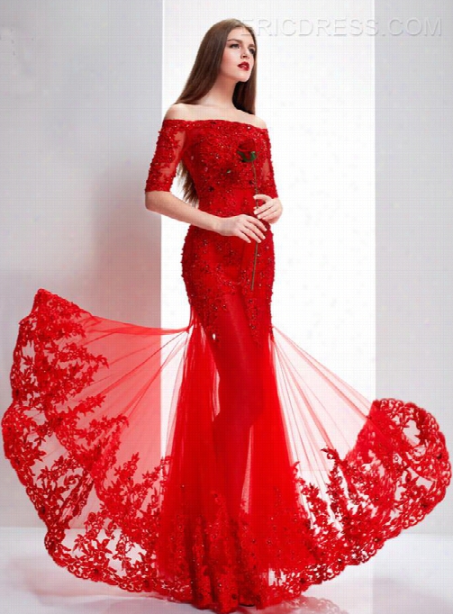 Delicate Sweetheart Half Slevees Lace Appliques Long Evening Dress With Jacket/shawl