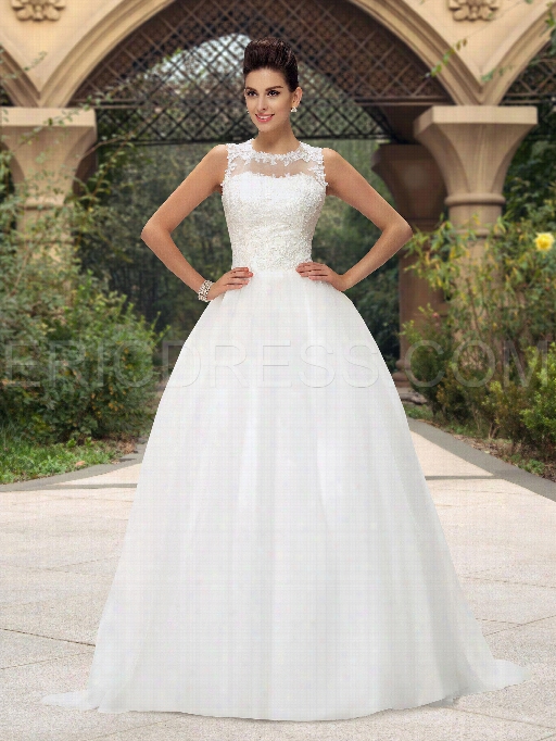 Dramatic A-line Jewel Neckline Appliques Button Long Wedding Dress