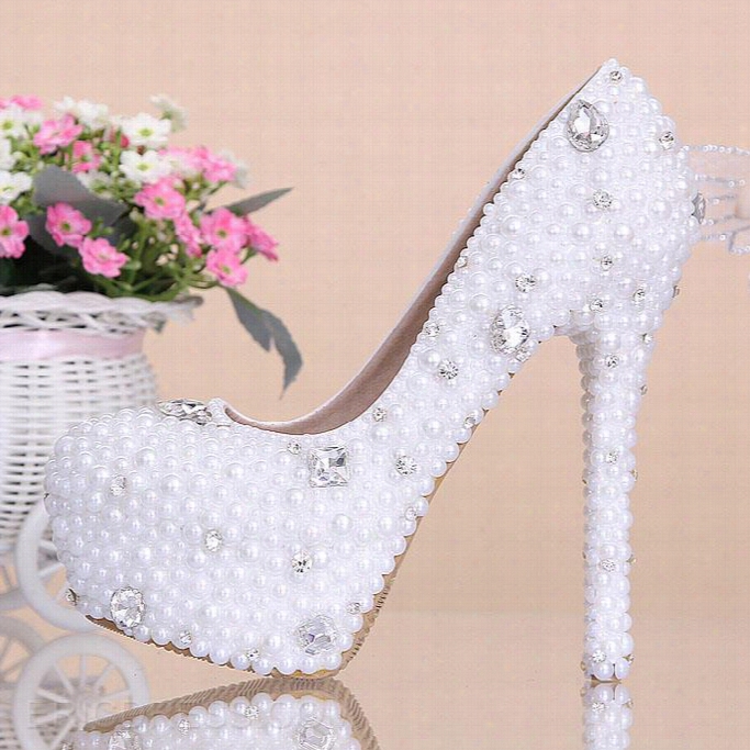 Elegant White Flowers Pewrl Diamond Platform Weddingp Hoto5 Bridal Shoes Marriage Shoes High Heels