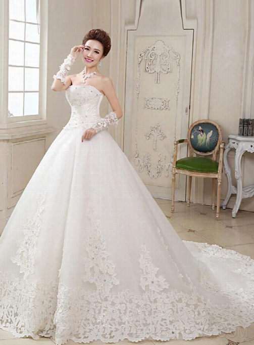 Ericdress Beading Appliques Cathedral Traun Strapless Wedding Dress