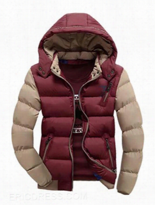 Ericddress Color Block Multi-zip Hooded Thicken Men'w Cotton-padded Coat