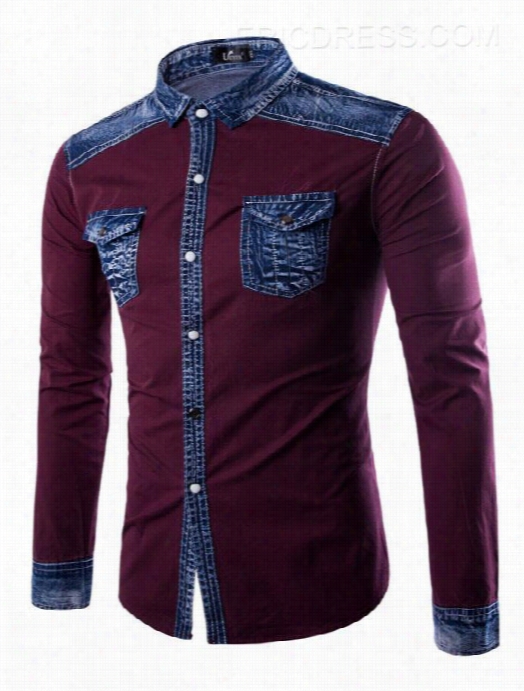 Ericdress Color B Lock Pockest Design Denim Patched Slim Men's Shirt