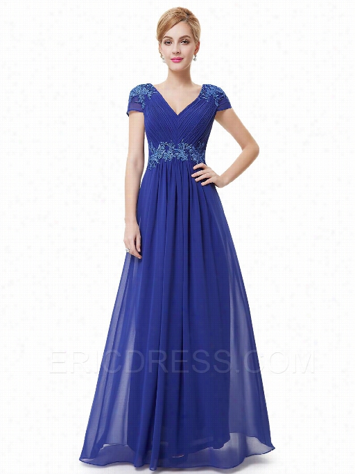 Ericdress Fantastic Short Sleeves A-line V-neck Appliques Long Evening Dress