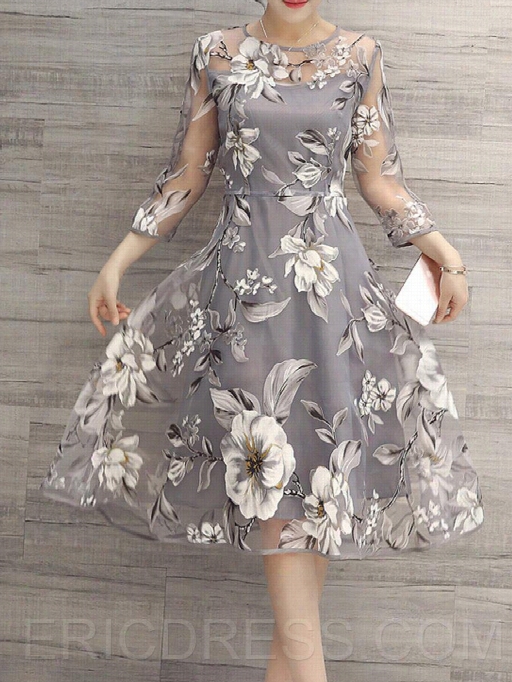 Ericdress Flowerprint Three-quarter Sleeve Expansion Casual Dress