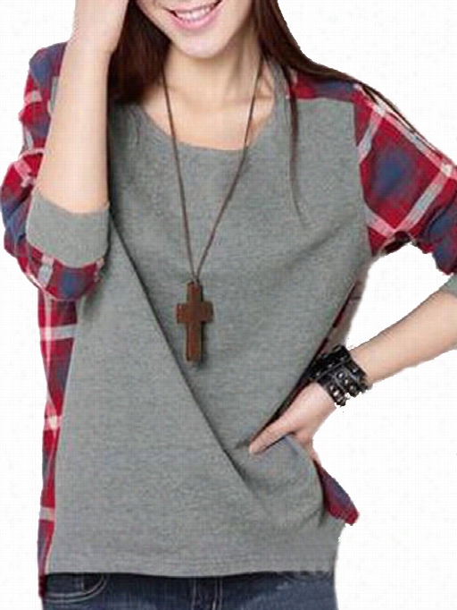 Ericdress Premier Tseet Korean Loose Round Neckline Longsleeves Plaid T-shirt