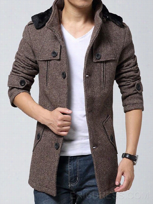 Erivdress Single-breasted Tand Colllar Hooded Design Men's Woolen Coat