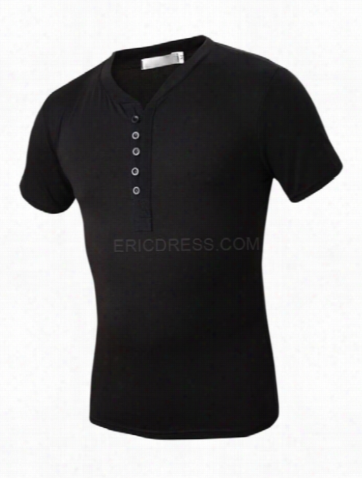 Ericdress V-neck Button Decorated Plain Short Sleeve Me'nst-shirt
