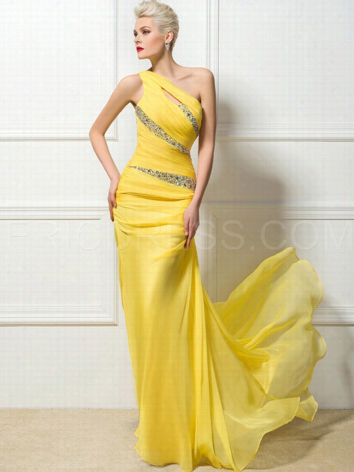 Ericdress Yellow One-shoulder Floo-length Sweep Train Evening/prom Dress