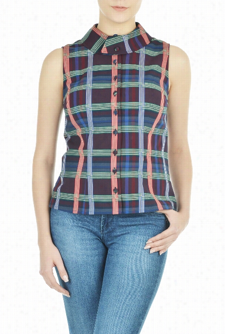 Eshakti Women's Button Collar Woven Check Top