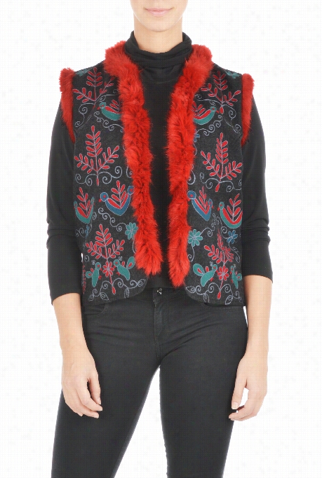 Eshakti Women's Embroidered Faux Fur Trim Wool Vest