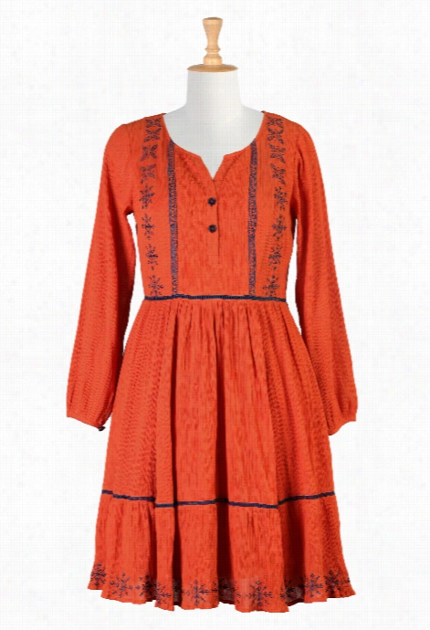 Eshakti Women's Embroidered Peasant Crinkle Cotton Dress