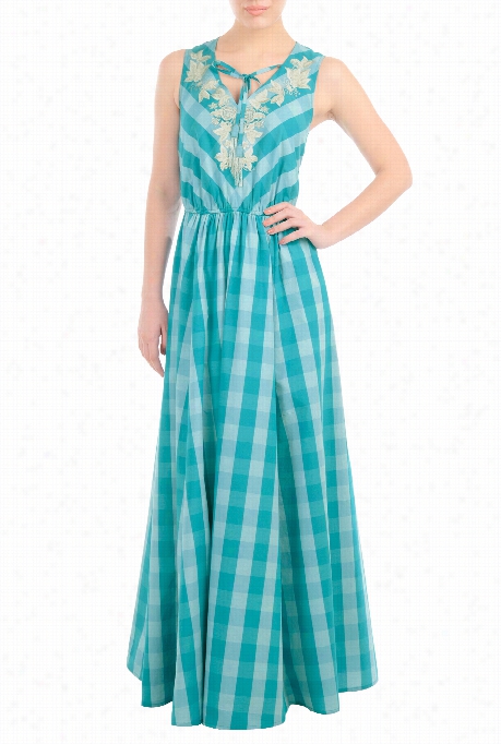 Eshakti Women's Floral Embellished Woven Check Maxi Dress