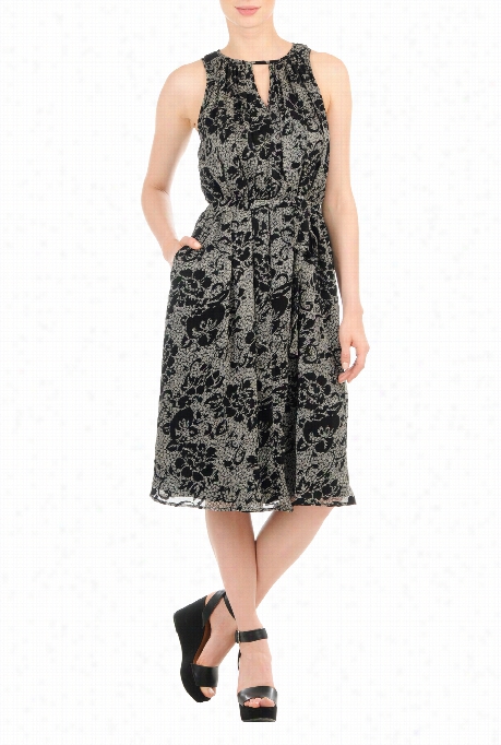 Eshakti Women's Flora L Print Chiffn Sash Tie D Shift Dress