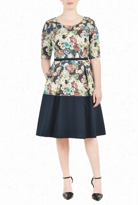 Eshakti Woomen's Floral Stamp Colorblock Dress