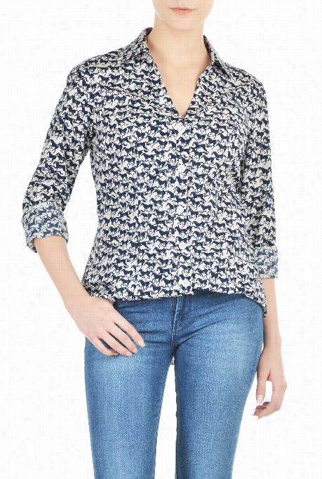 Eshakti Women's Horse Print Split Neck Cotton  Shirt