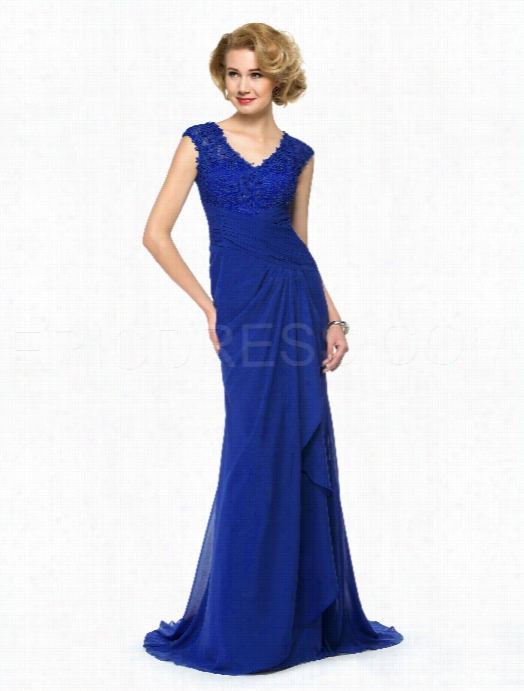 Exquisite V-neck Lace Beading Sweep Train Lohg Mother Of The Bride Dress