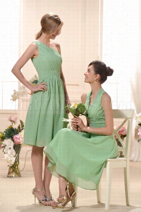 Incredible Ruched Knee-length One-shoulder Train Bridesmaid Dress