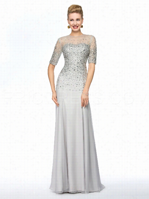 Jewel Neck Half Sleeves Beaded Floor-length Mother Of The Bride Dress