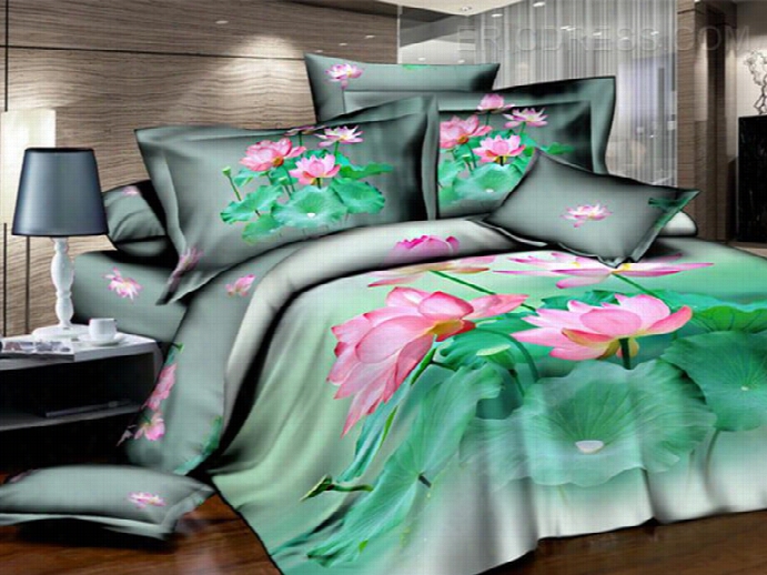 Affectionate Green Under Color With Pink Flower Printed 4 Piece Cotton Bedding Sets