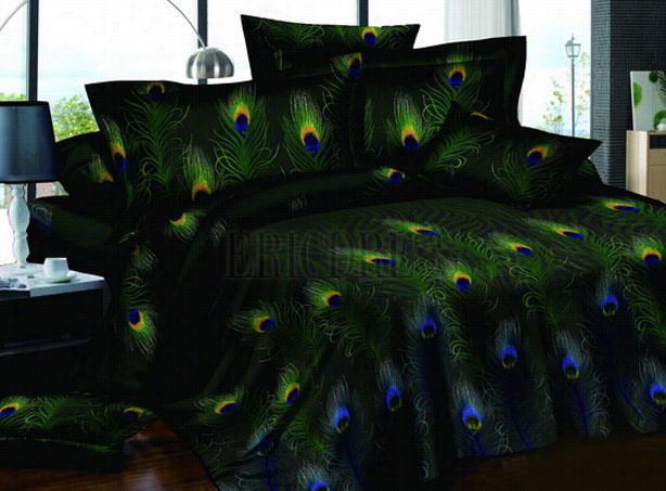 Pastoral Green 4 Piec Ecotton Bedding Sets With Peacock Feathers Printing