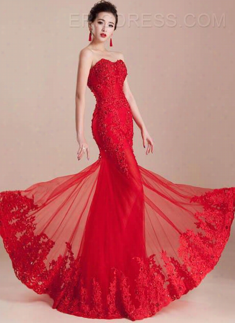 Stunning Mermaid Appliques Beading Sweetheart Lace-up Evening Dress