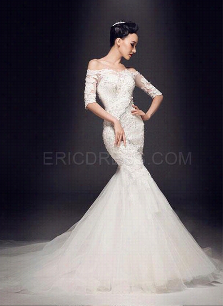 Stunning Mermaid Off-the-shoulder Appliques Beadings Half Sleeves Wedding Dress