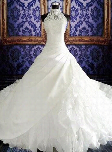 Stunning Tiered Cathedral Halter Organza Beaded Lace Wdding Dress