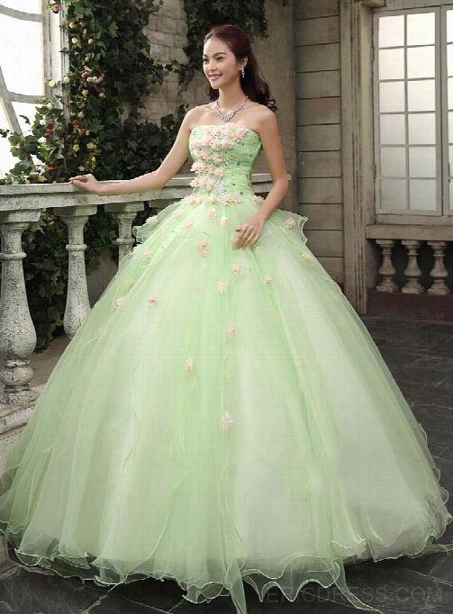 Timeless Strapless Cascading Ruffles Flowers Floor Length  Quinceanera Dress