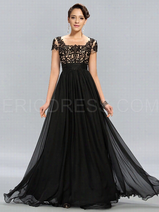 Vintage Tulle Neckline Appliques Short Sleeves Lon G Evening Dress