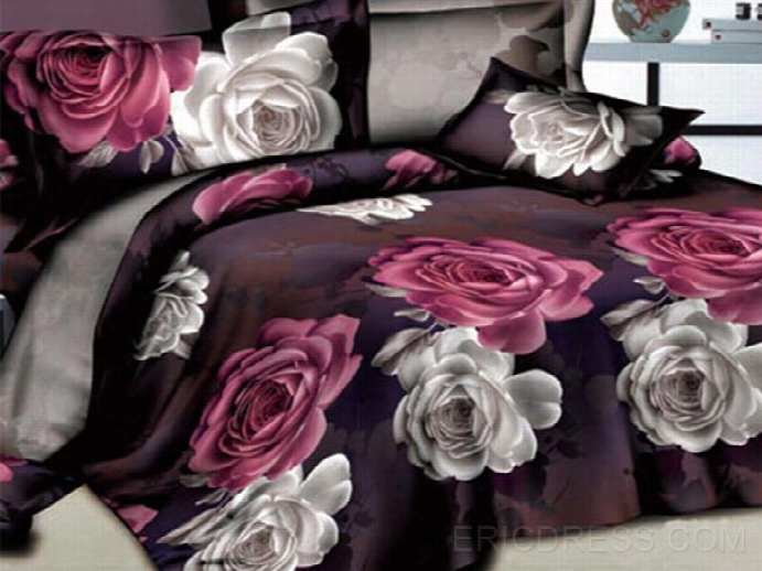 White And Red Flowers Printed 4 Piece Unique Duvet Covers 3d Bedding Sets