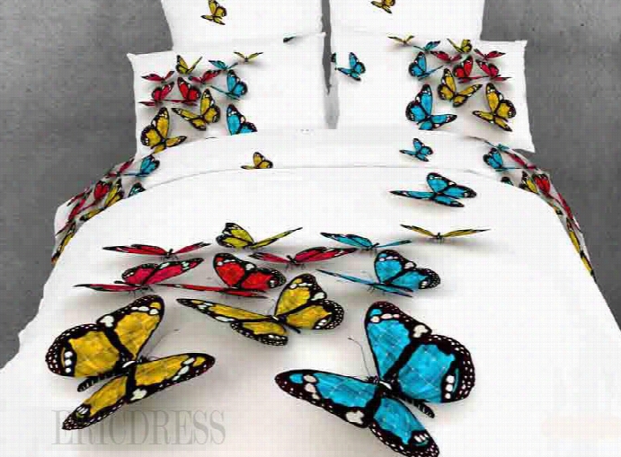Yellow/blue 3d Butterfly Print Whi Te Colr Duvet Cover 4 Piece Bdding Sets