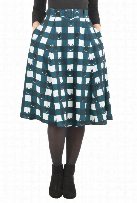 Eshakti Women's Belted Cat Check Newspaper Crepe Skirt