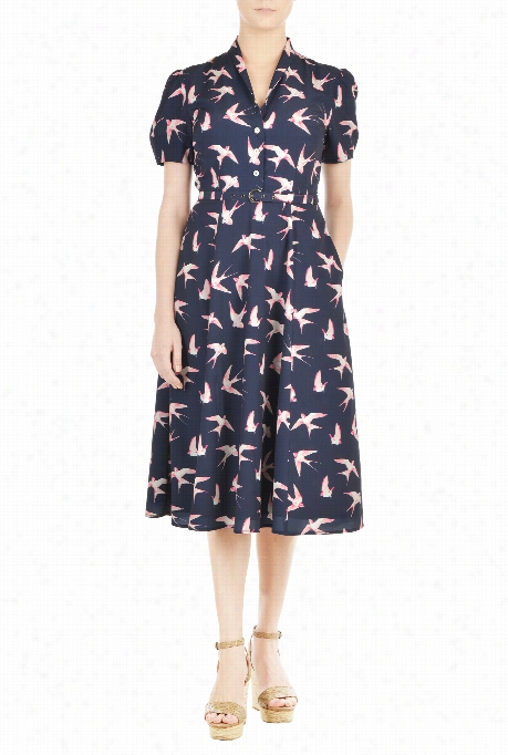 Eshakti Women's Bird Print Crepe Middi Shirtdress