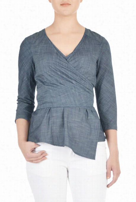 Eshakti Women''s Cotton Chambray Faux Wrap Blouse