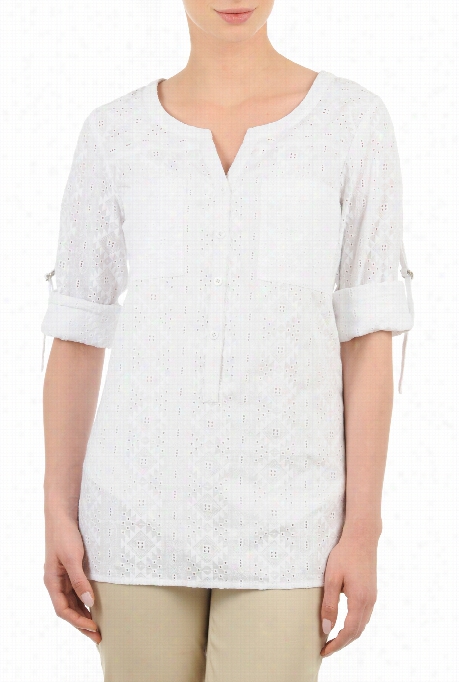 Eshakti  Women's Cotton Eyelet Split Neck Tunic Shirt