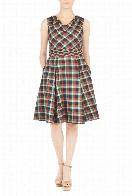 Eshakti Women's Cowl Neck Twill Check Dress