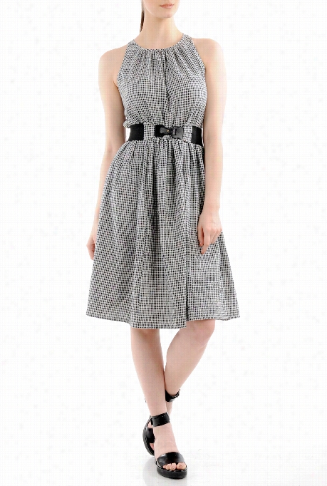 Eshakti Women's Elastic Belted Seersucker Check Dress