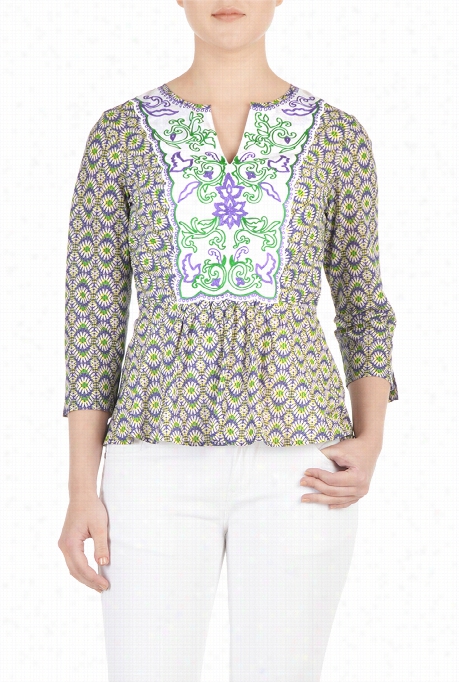 Eshakti Womeen's Embellished Bib Floral Print Cotton Tunic