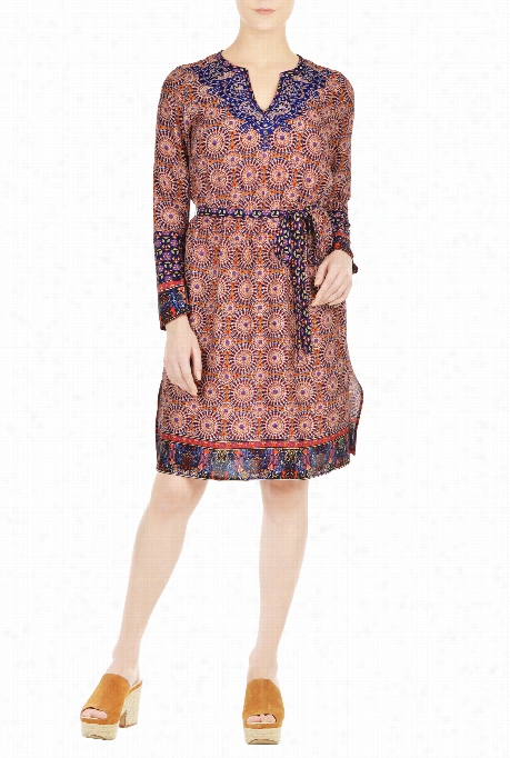 Eshakt Women's Embellished Circle Print Tunic Dress