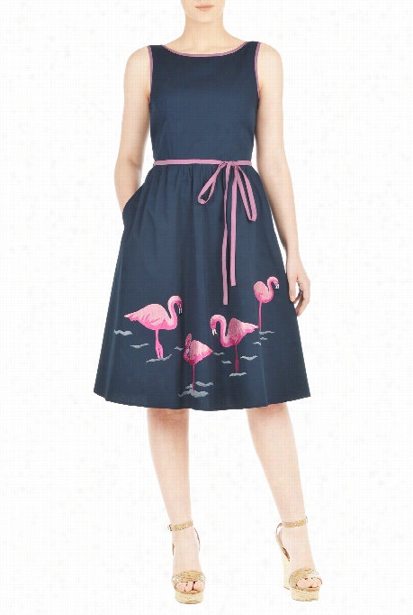 Eshakti Women's Flamingo Embellished Cotton Poplin Dress